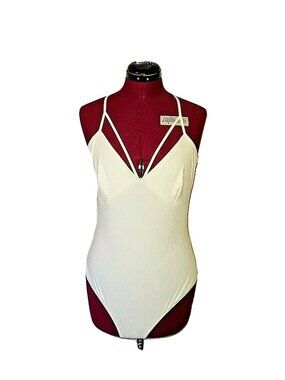 Material Girl White Bodysuit XL Ribbed Caged Adjustable Straps Stretch